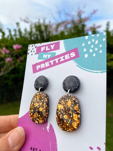 Black and Gold Glitter Oval Dangles